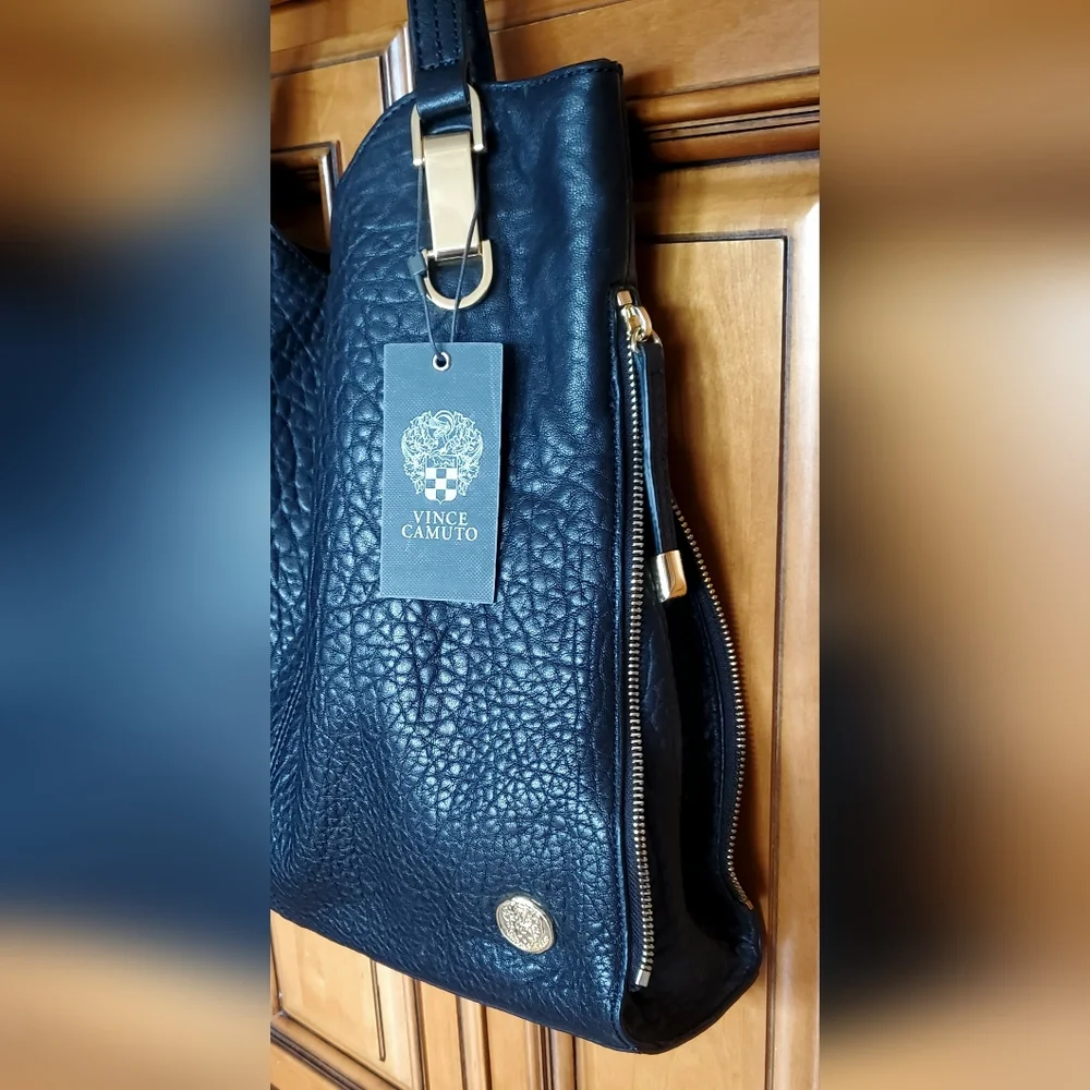 NEW Vince Camuto Genuine Pebble Leather "Riley" Tote Crossbody Bag Purse Black - Picture 2 of 16